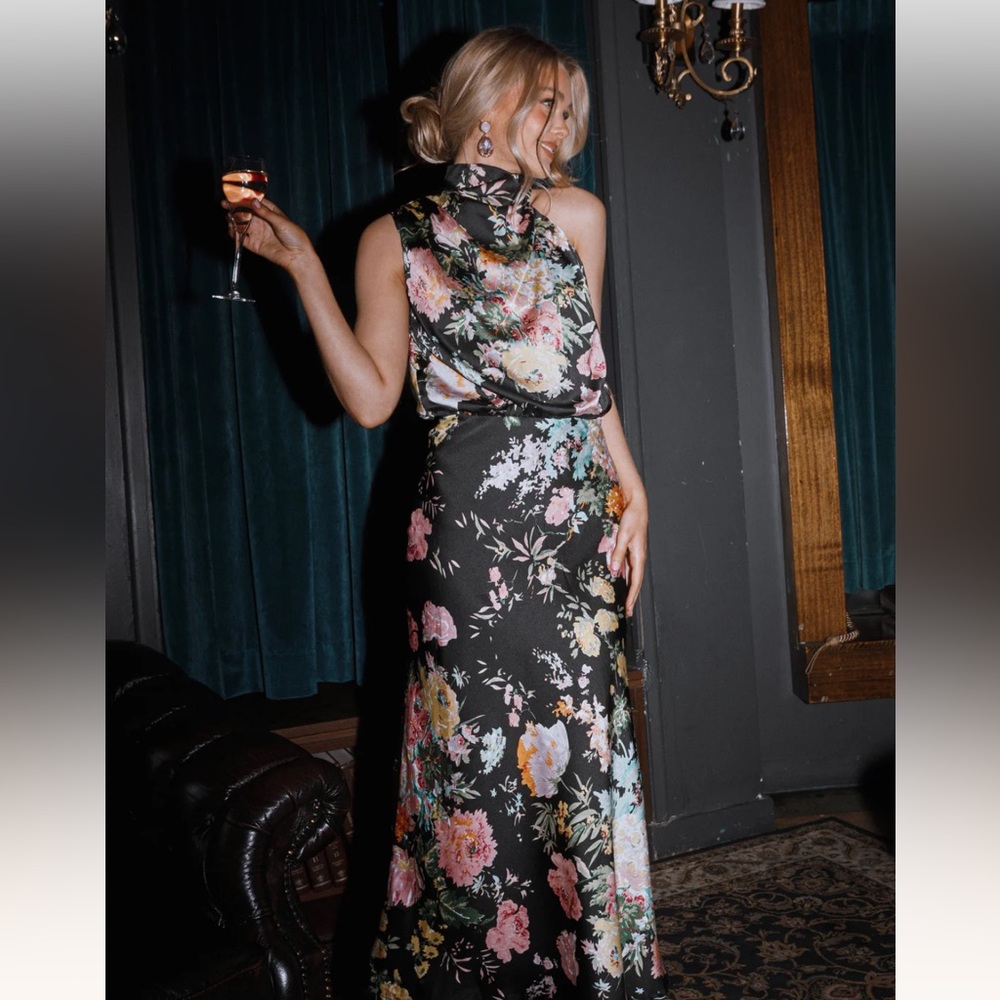 ANABELLE HALTER NECK MIDI DRESS - BLACK FLORAL